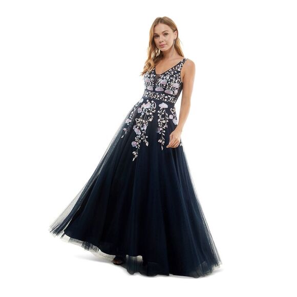 SAY YES TO THE PROM Dresses & Skirts - SAY YES TO THE Womens Navy V Back Tulle Lined Sleeveless Formal Dress 1